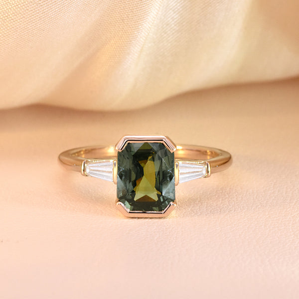 2.55ct Radiant-Cut Green Sapphire Half Bezel with Descending Diamond Baguette Side Stones