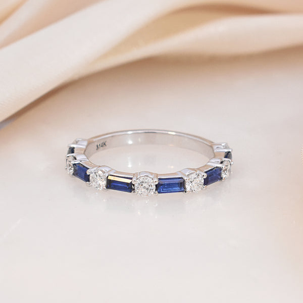 Half Eternity Anniversary Band Featuring Alternating Round Diamonds & Baguette Sapphires