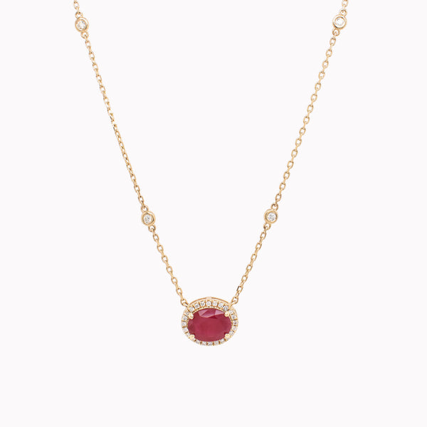 Oval Ruby Halo Station Pendant Necklace