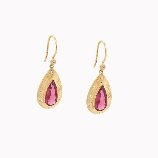 Pink Tourmaline Teardrop Engraved Earrings