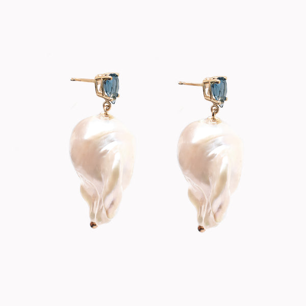 White Baroque Pearl & Blue Tourmaline Earrings