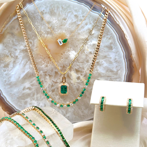 Emerald Halo Pendant Paperclip Chain Necklace