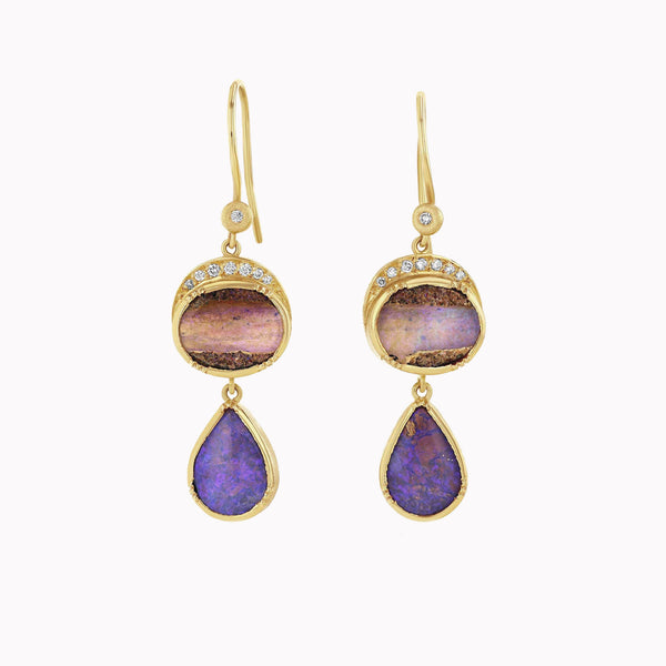 Ellipse Teardrop Wood Opal Diamond Earrings