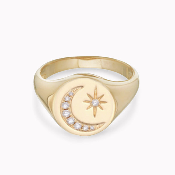 Pavé Diamond Moon & Star Signet Ring