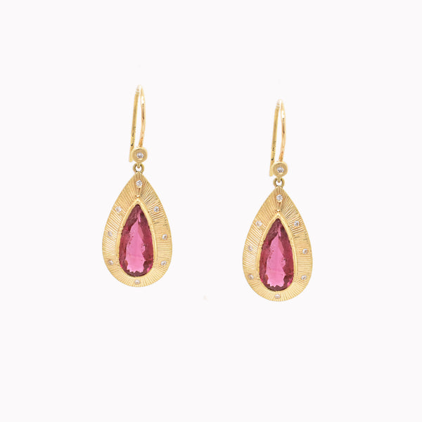 Pink Tourmaline Teardrop Engraved Earrings